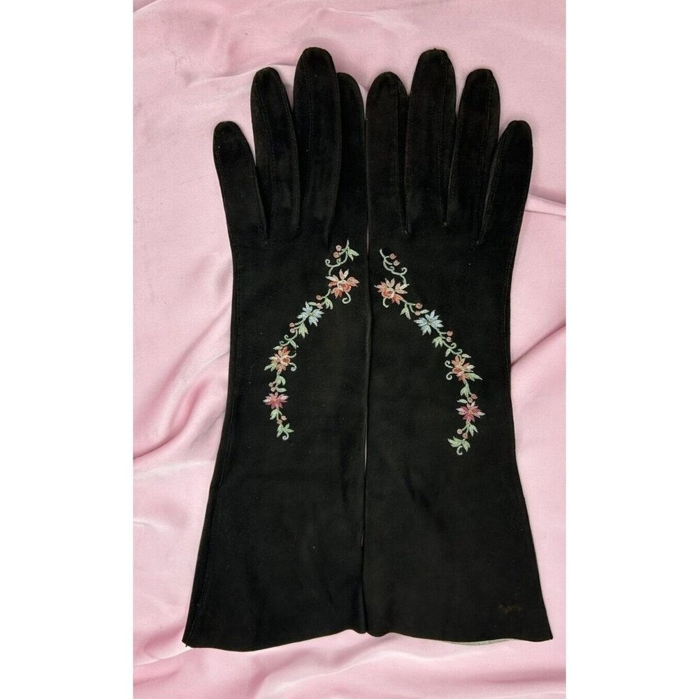 Gloves Grey/black Suede Kidskin Gauntlet Floral Embroidered SMALL Vtg